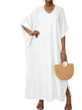Womens Solid White Plus Size V Neck Caftan Long Batwing Sleeve Swimsuit Cover Up